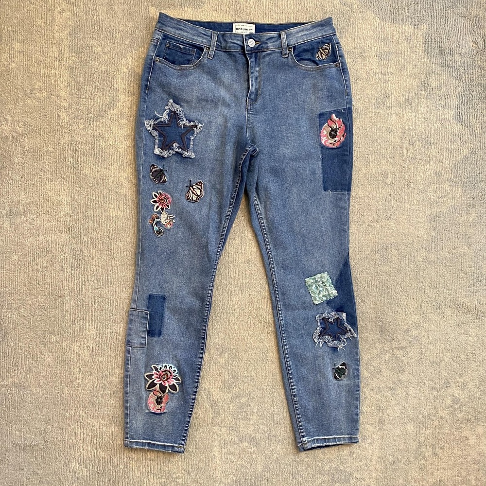 For The Republic Jeans Womens 10/29 Blue High Rise Skinny Embroidered Patch